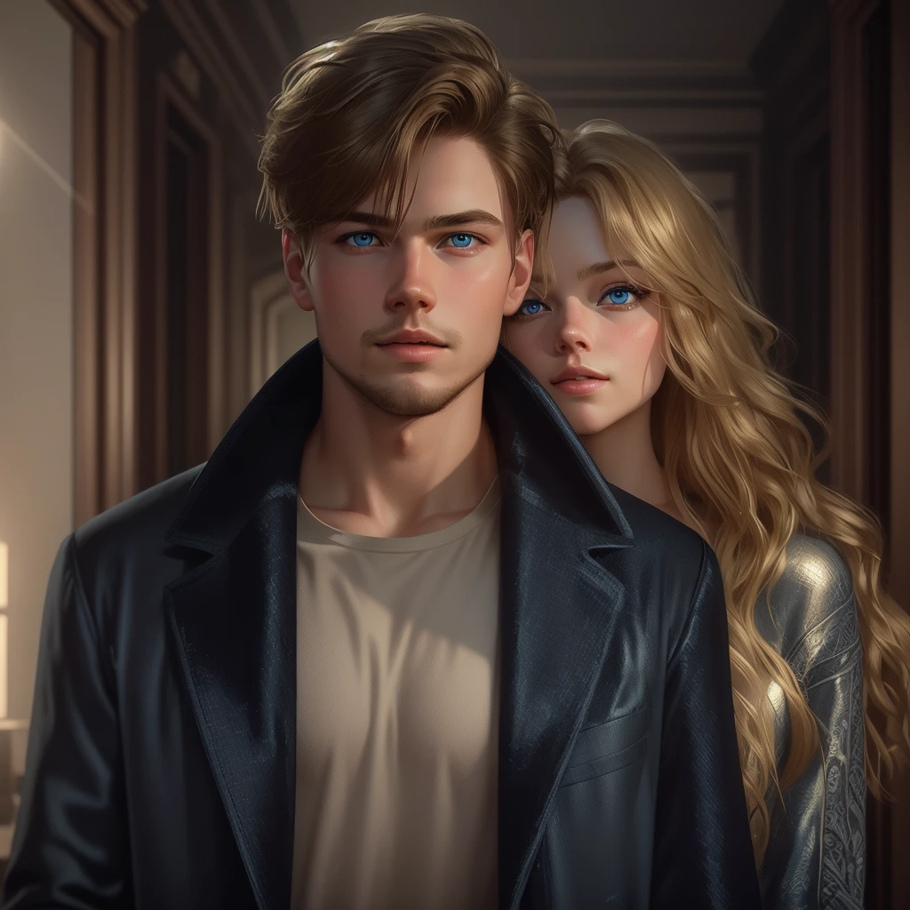 a 20 year old man with bright light blue eyes, light brown hair, physical resemblance to 20 year old Leonard Dicaprio, dressed in a spider-man sweatshirt and a white t-shirt, short hair hairstyle, standing with a beautiful blonde-haired bride with bright, slightly dark blue eyes and a physical resemblance to 20-year-old Amanda Seyfried dressed in a black dress, an unreal engine 5, octane renderer, background of a bookstore, detailed hair and eyes, beautiful real faces, detailed faces with physical psrecidis, Beautiful hair, they both smile, beautiful portrait con detalles, hair with many details, 8k Artgerm bokeh, IG model | Artgerm, detailed portrait, stunning holding portrait of a realistic face, beautiful portrait, deviantart artstation cgscosiety, realistic cinematic portrait, high quality portrait, elegant digital painting, Artistic style