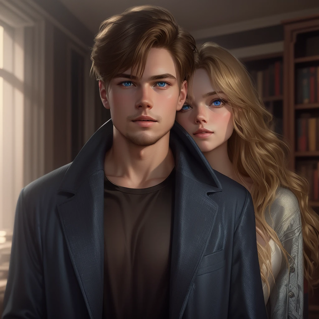 a 20 year old man with bright light blue eyes, light brown hair, physical resemblance to 20 year old Leonard Dicaprio, dressed in a spider-man sweatshirt and a white t-shirt, short hair hairstyle, standing with a beautiful blonde-haired bride with bright, slightly dark blue eyes and a physical resemblance to 20-year-old Amanda Seyfried dressed in a black dress, an unreal engine 5, octane renderer, background of a bookstore, detailed hair and eyes, beautiful real faces, detailed faces with physical psrecidis, Beautiful hair, they both smile, beautiful portrait con detalles, hair with many details, 8k Artgerm bokeh, IG model | Artgerm, detailed portrait, stunning holding portrait of a realistic face, beautiful portrait, deviantart artstation cgscosiety, realistic cinematic portrait, high quality portrait, elegant digital painting, Artistic style