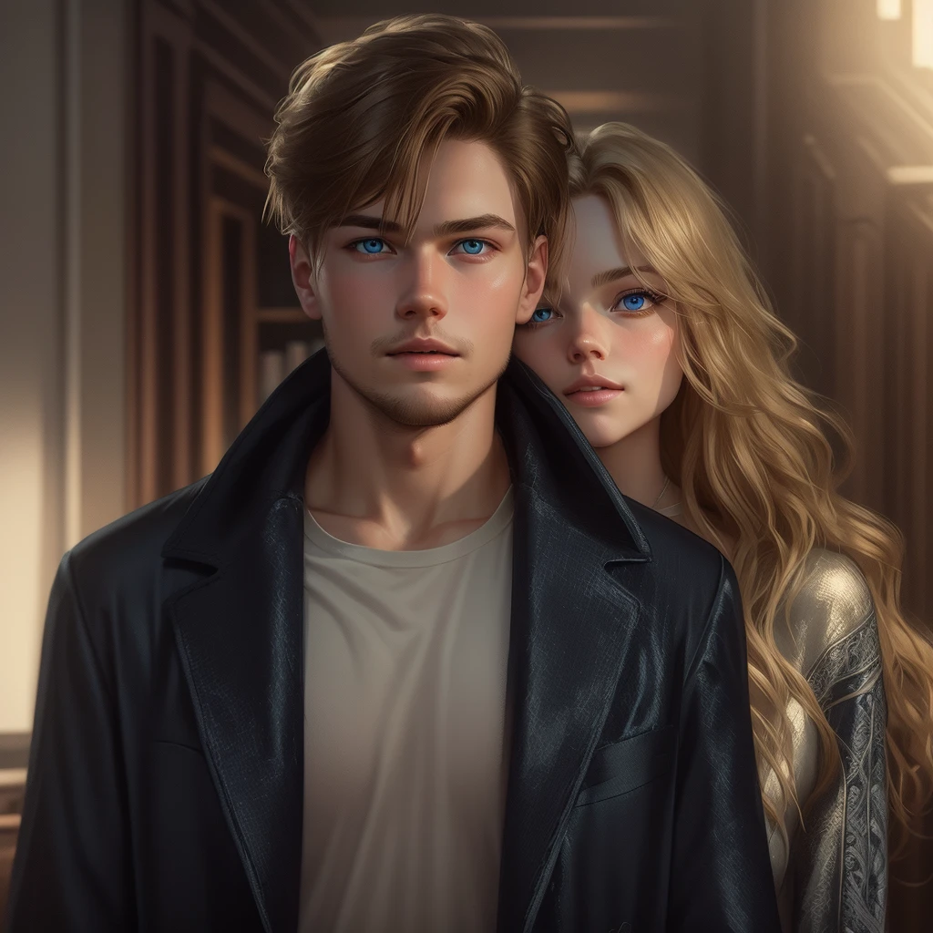 a 20 year old man with bright light blue eyes, light brown hair, physical resemblance to 20 year old Leonard Dicaprio, dressed in a spider-man sweatshirt and a white t-shirt, short hair hairstyle, standing with a beautiful blonde-haired bride with bright, slightly dark blue eyes and a physical resemblance to 20-year-old Amanda Seyfried dressed in a black dress, an unreal engine 5, octane renderer, background of a bookstore, detailed hair and eyes, beautiful real faces, detailed faces with physical psrecidis, Beautiful hair, they both smile, beautiful portrait con detalles, hair with many details, 8k Artgerm bokeh, IG model | Artgerm, detailed portrait, stunning holding portrait of a realistic face, beautiful portrait, deviantart artstation cgscosiety, realistic cinematic portrait, high quality portrait, elegant digital painting, Artistic style