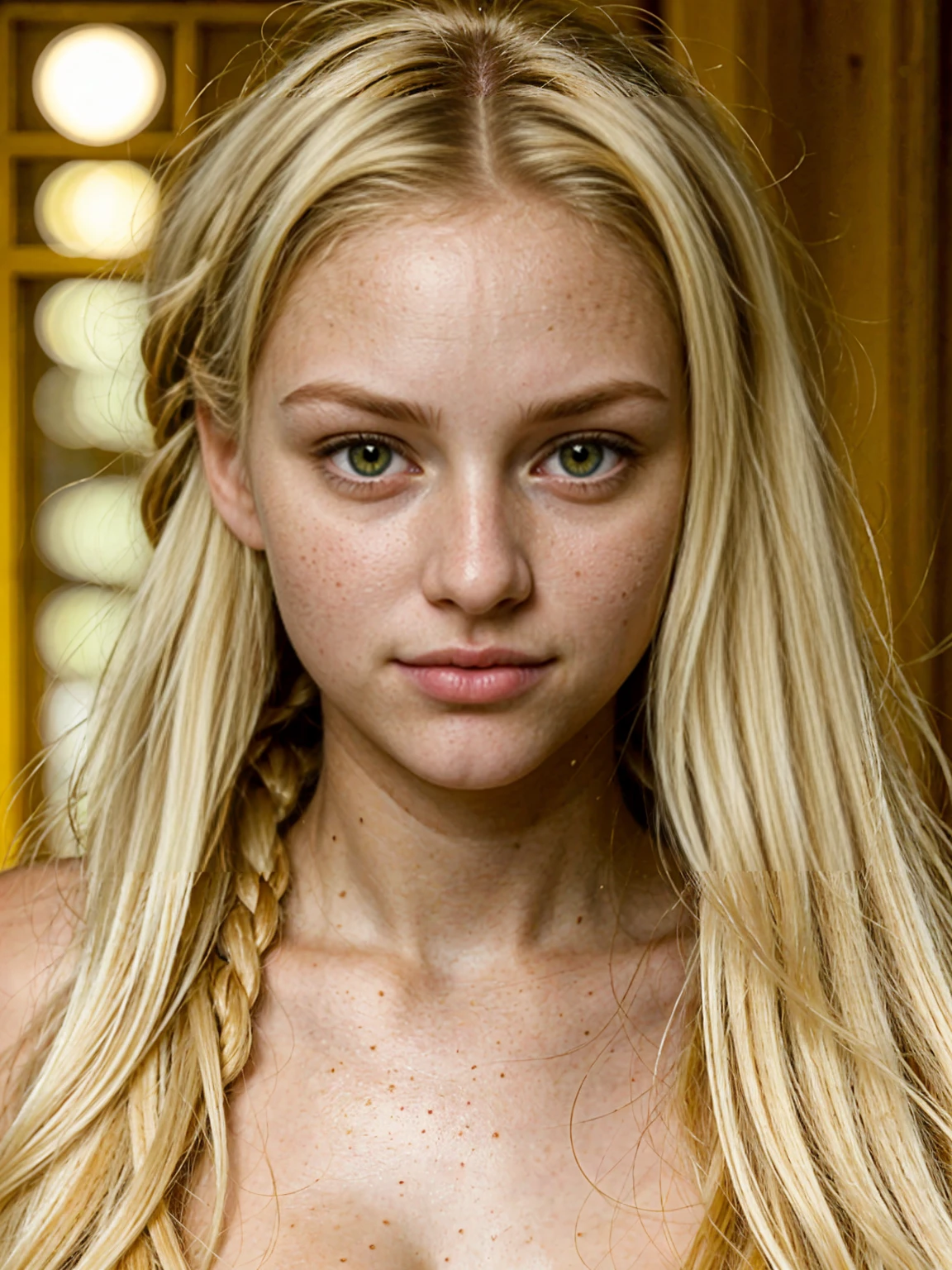 blonde Girl, Beautiful, Baby symmetric Face, 17 Years Old,,enormous Breasts ,((neglected )),,((very nsfw))((lace negilgé)) touching each other o long blonde curly and wavy golden Hair tied in a ponytail, adorable masterpiece ((yellow honey colored eyes)) , very thick hourglass figure body, closeup view , soft dark ambient lights,both looking at viewer.
