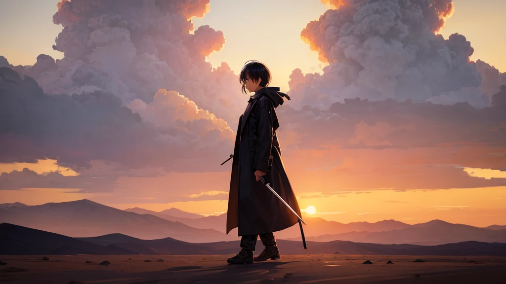 wilderness, desert, Wear a long coat, hard boiled, Sunset, Japanese sword, While walking, Playing the harmonica, Close your eyes, Good looking, Highest quality, From the front of the camera, short hair, To be alone, the wind is strong