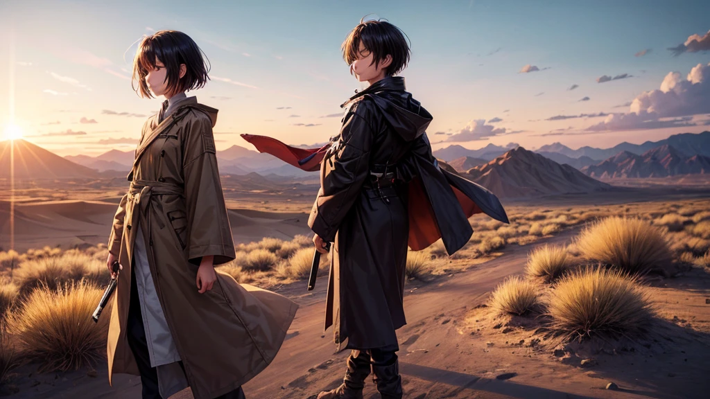 wilderness, desert, Wear a long coat, hard boiled, Sunset, Japanese sword, While walking, Playing the harmonica, Close your eyes, Good looking, Highest quality, From the front of the camera, short hair, To be alone, the wind is strong