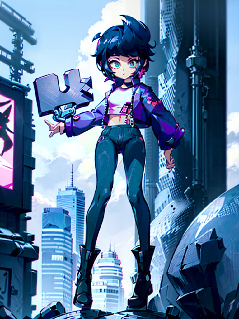 bibiBS, 1girl, black hair, short hair, cross earrings, purple jacket, pink shirt, crop top, black pants, black boots,UHD