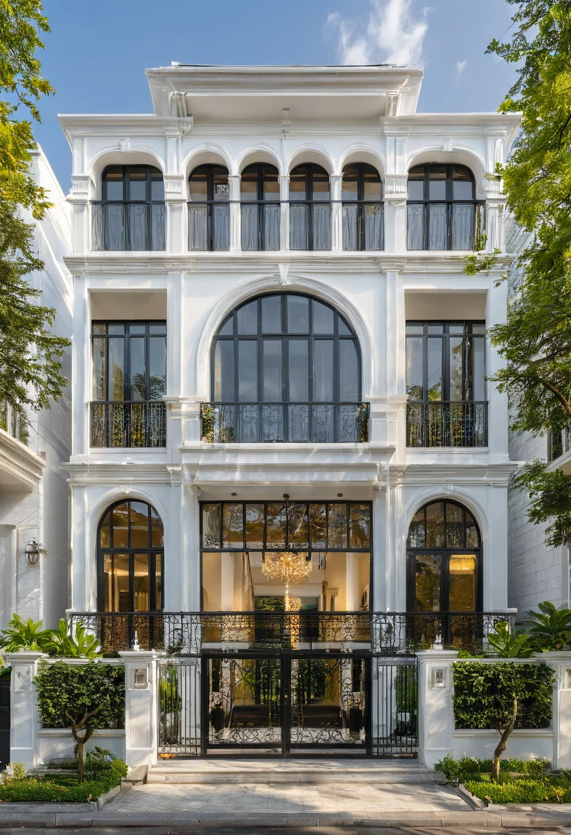 neo classical villa on street, (daylight), tropical tree, vivid colour, streetcapes, white tone, white wall, large glass door, warm interior lighting, wood and marble, best quality, 20ArchiAI_XL_NeoTH-v2