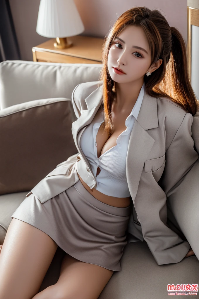 a 20 year old face of the most beautiful actress in the world, the perfect body proportions of a female, blazer is firmly worn on formal shirt which is covering whole upper body of a female, sitting on a sofa with spread legs, female vagina which is naked under short skirt is clearly seen, female anus under vagina, opened labia under clitoris, female pubic hair, in the hotel room, nsfw, best quality, highly detailed, masterpiece, ultra high res, photo realistic, 8k, one female