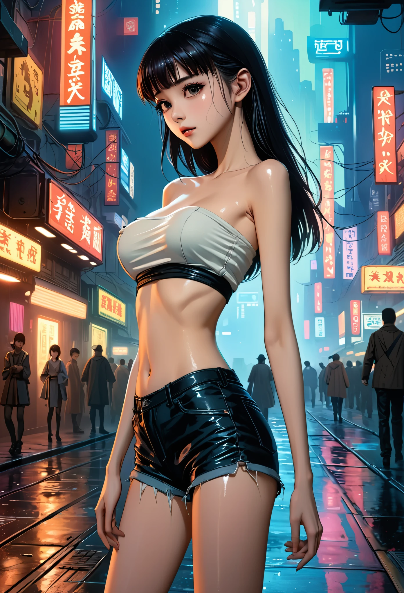 ((masterpiece,Highest quality:1.3)), 8k wallpaper、cowboy shot,1woman、20 year old beauty、独奏,((very small head:1.5)),black hair,long hair,bangs,black eyes,gorgeous eyes,shy,medium breasts,((very long body:1.3)),(toned body,slender body,skinny),gleaming skin,shiny skin,oily skin,(Tube top shirt、Micro Shorts、on street,Metropolis、World of Blade Runner