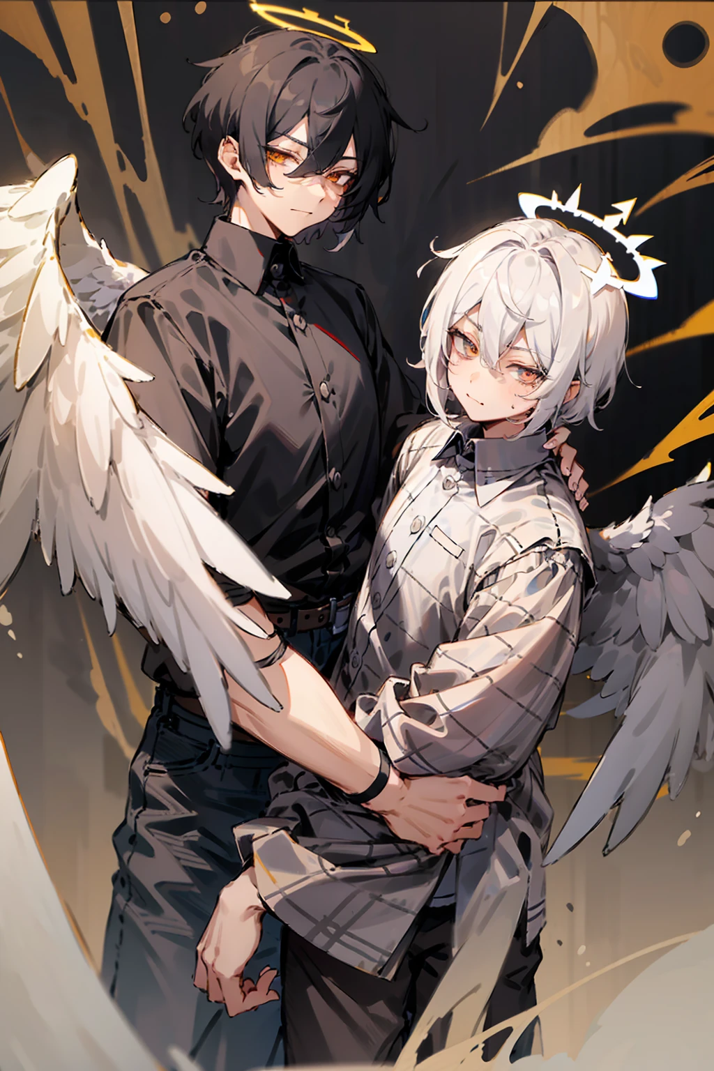 1male, Adult, Two Tone Hair, Black and White Hair, Short Hair, Undercut Hair, Black and White Horns, Angel Halo, Black and White Wings, Golden Eyes, Smirk, Black and White Flannel Shirt, Black Ripped Jeans
