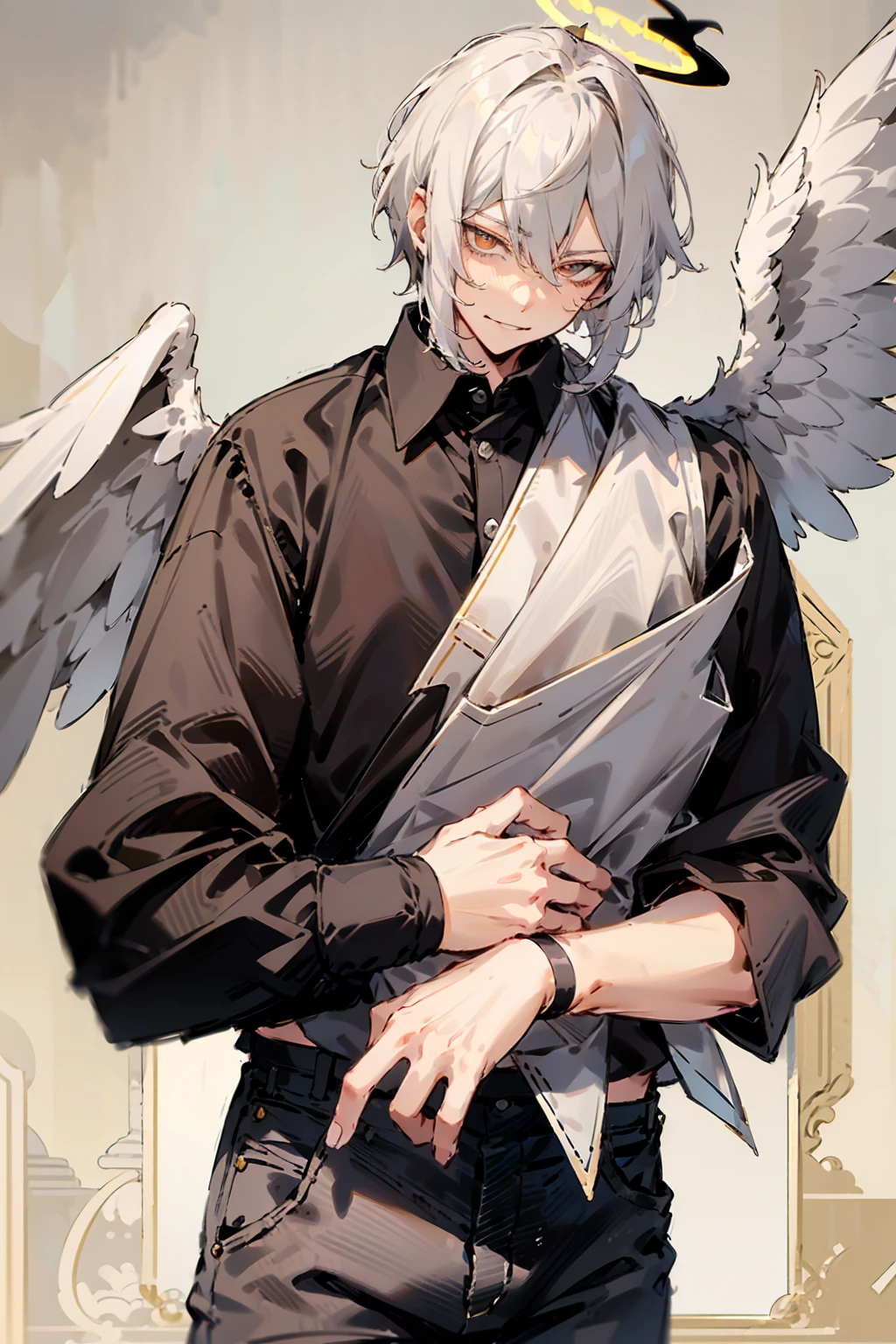 1male, Adult, Two Tone Hair, Black and White Hair, Short Hair, Undercut Hair, Black and White Horns, Angel Halo, Black and White Wings, Golden Eyes, Smirk, Black and White Flannel Shirt, Black Ripped Jeans