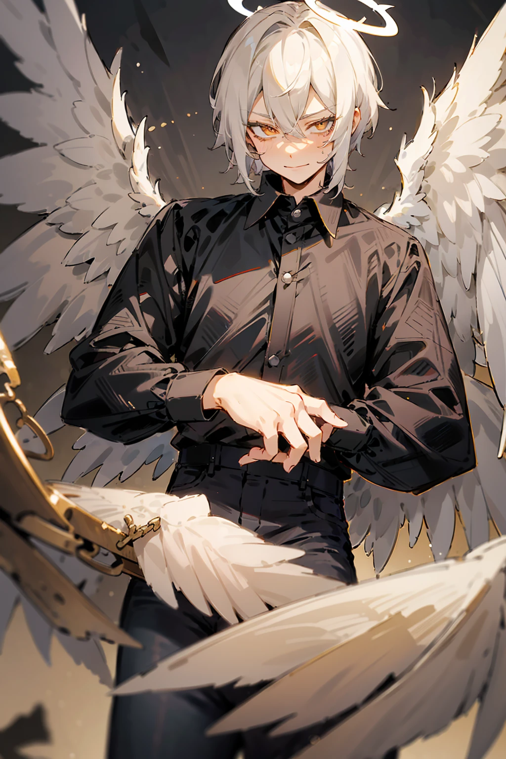 1male, Adult, Two Tone Hair, Black and White Hair, Short Hair, Undercut Hair, Black and White Horns, Angel Halo, Black and White Wings, Golden Eyes, Smirk, Black and White Flannel Shirt, Black Ripped Jeans