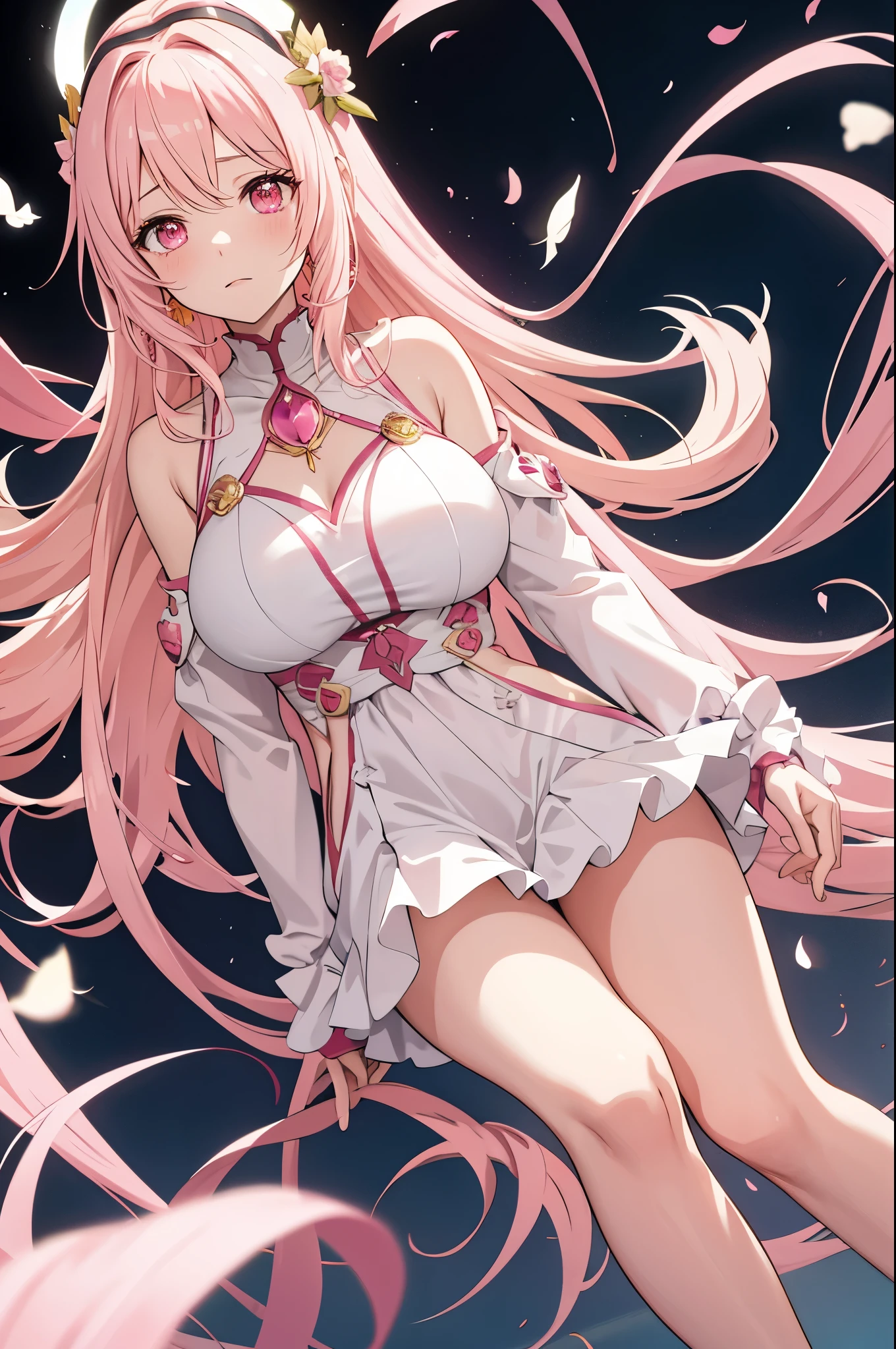 solo, 1girl, mature anime female, light pink hair, long hair, dark pink eyes, subtle blush, love goddess, sundress