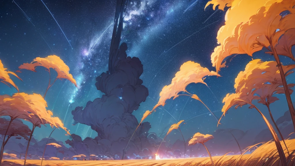 A stunning minimalist landscape illustration of a starry night sky with wispy clouds, tall grass, and shooting stars, in the style of Makoto Shinkai, detailed digital art, vibrant colors, dramatic lighting, 8K resolution.