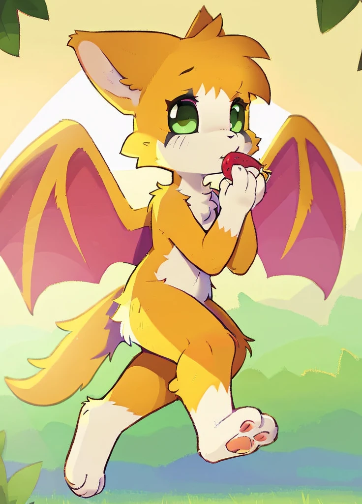 art by dagasi, uploaded on e621, ((by Makoto Shinkai, by Jessie Willcox Smith, by Castitas, by Hyilpi, by Supplesee, by Dagasi)), (kemono:1.4), (((fidget (elysian tail)))), solo, green eyes, membranous wings, female, tuft, looking at viewer, (fluffy fur, 3 toes),   BREAK, ((detailed background:1.5, depth of field, half body shadow, sunlight, ambient light on the body)), (intricate:0.7), (high detail:1.3), (soft focus:1.15),  (masterpiece, best quality, 4k, 2k, shaded, absurd res), eating a berry