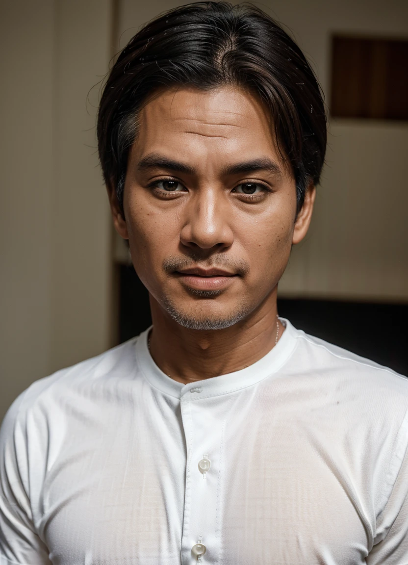Enhance, Indonesia man, 50 years age, perfect hair, natural skintone, 8k, ultra realistic, super high quality, perfect white shirt, perfect photograpy, take by nikon camera, consistent character