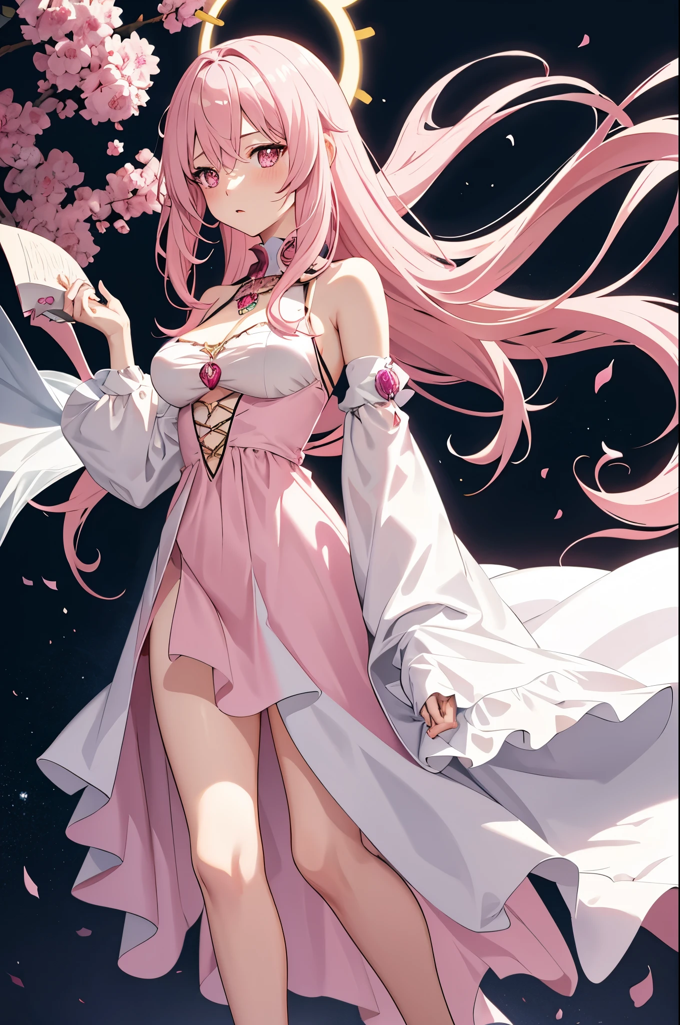 solo, 1girl, mature anime female, light pink hair, long hair, dark pink eyes, subtle blush, love goddess, sundress
