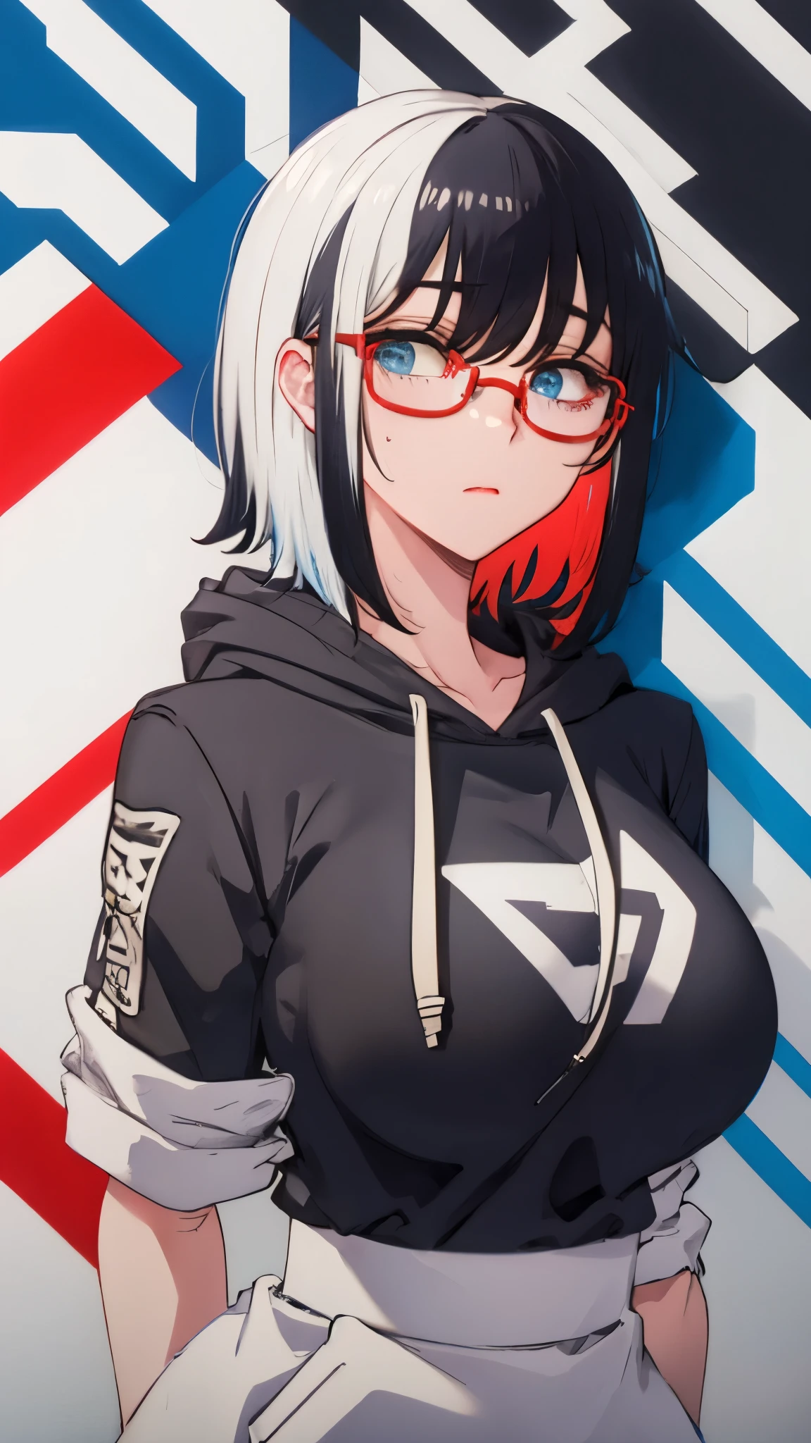 （Hair color: red and blue two-tone color）short hair glasses hoodie big breasts