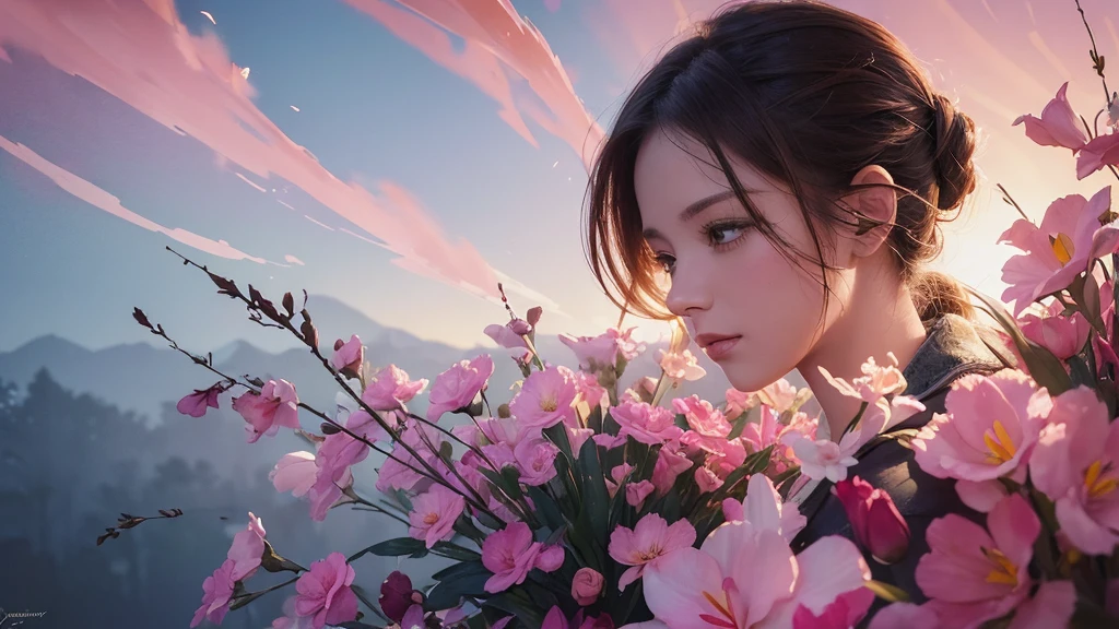 32k, Masterpiece, Highest quality, One girl, Brown Hair, Detailed eyes, flower,Freesia, Pink and navy style,A dreamy, romantic piece,Pale yellow, Mysterious Leaves,A playful arrangement,Fantasy,High Contrast,Ink strokes,explosion,Exposure, Impression of pink and navy tones,Abstract,((Watercolours by John Berkey and Jeremy Mann )) Brush strokes,Negative Space, Tyndall effect,