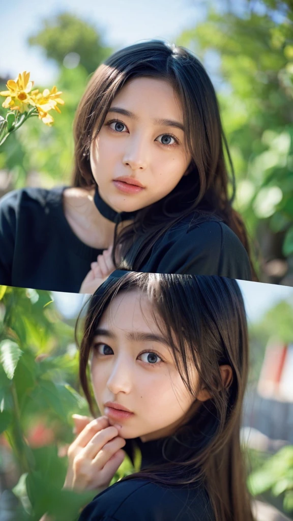 (((Ultra-high resolution、Close-up、Cute Japanese Woman)))、Long, straight black hair frames her face、So that every single hair is clearly visible、Depicts subtle color changes depending on the amount of light hitting the subject、The skin is white and smooth、Has a natural glow、Fine skin texture、Representing the fine details of pores、amountや頬に薄い赤みがある部分を詳細に、The eyes are almond-shaped and dark brown.、Fine details of the iris、Depicts color gradations and patterns、Long, natural-looking eyelashes, each and every one visible、Well-groomed eyebrows、indivual々The hair is clearly visible、Light reflects off into the eyes、Create small highlights、noseは繊細で、nose孔の細かいディテールがある、Lips are plump and naturally pink、Depicts the fine lines and soft curves of the lips、Shiny、Accentuate the shape、Detailed depiction of lip texture、Particular attention to the depiction of light and shadow、Soft natural light gently illuminates the face from the front、amount、nose、Creates a subtle glow on the cheeks、Shadows are cast softly along the contours of the face、cheekbone、Jaw Curve、noseの側面を強調、The gloss of her lips reflects the light faintly.、Emphasizes plump texture、The shadow of the hair adds depth and dimension.、indivual々The hair shines in the light、The background is simple and blurred.、Focus on the face、In the highest quality、Representing the utmost detail