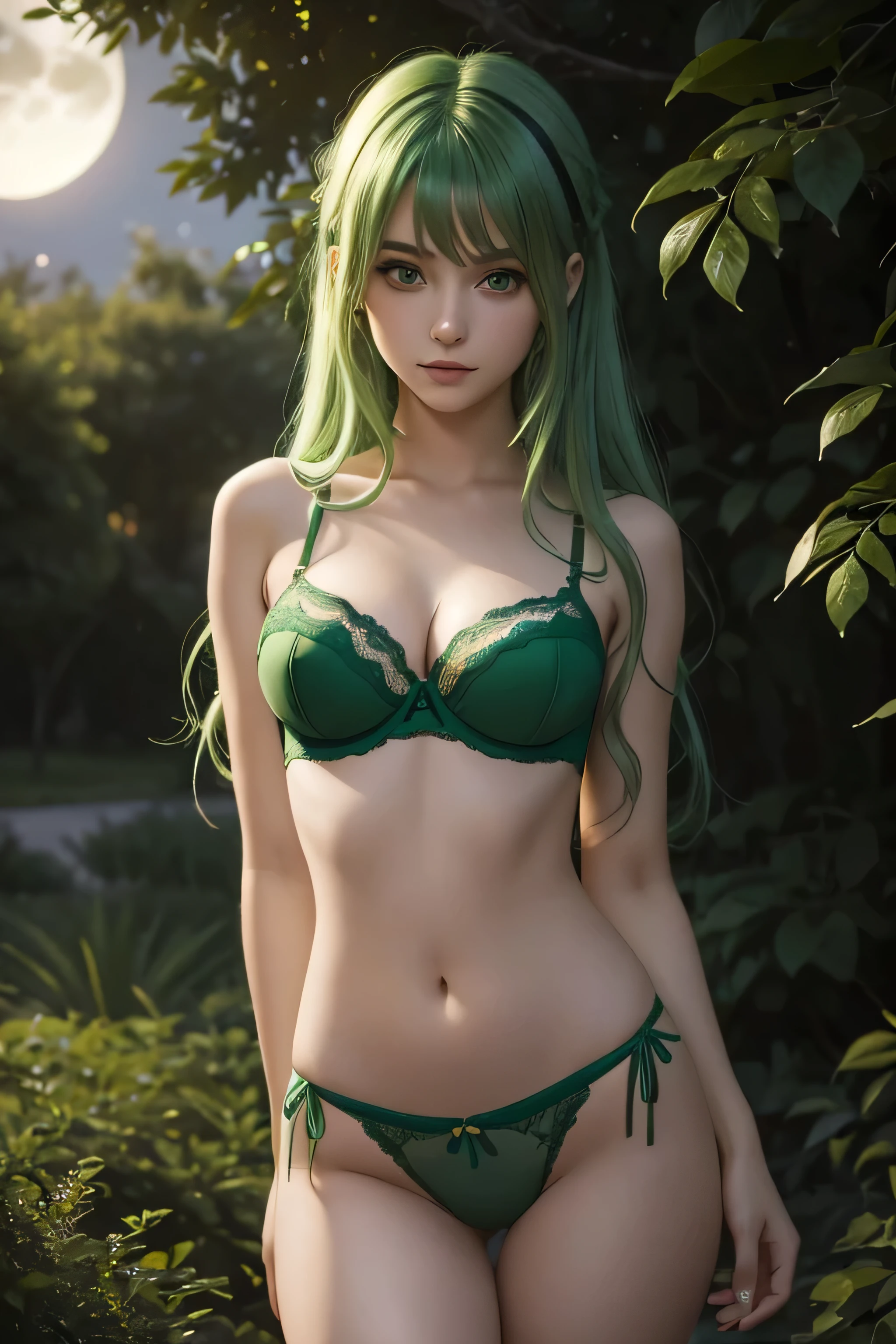 Pretty 18 year old with green hair amd green eyes, she is wearing cute green lingerie. She has bery small , looks cute and shy. She is standing in a besutifil grove, night time, moonlight, lifelike, hyper quality