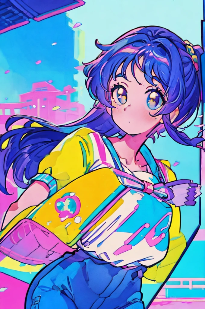masterpiece, Highest quality, Beautiful attention to detail, Super detailed, In detail, High resolution, Perfect Anatomy, colorful, pastel colour, One girl, alone, (City pop illustrations), (City Pop Art), Simple Background, Retro Style, (Vaporwave City Pop), (1980s City Pop), (City Pop Anime), (river, bridge), Retro Style, 1980s Fashion, Cowboy Shot,