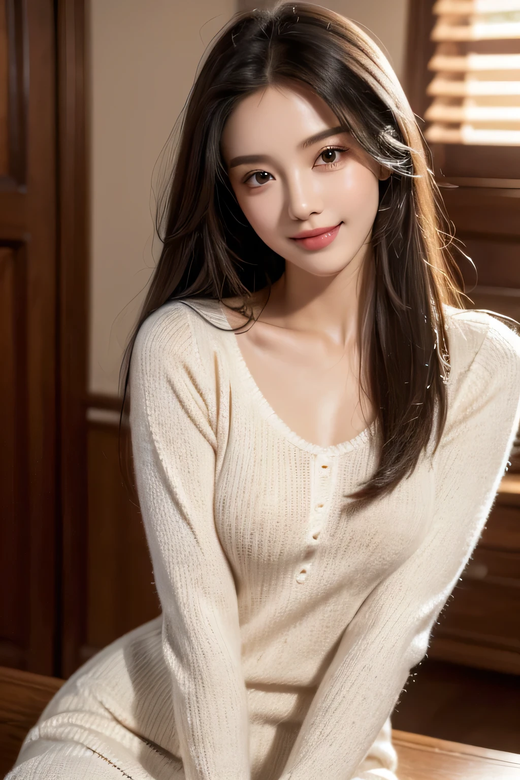 Tabletop, Highest quality, figure, Super detailed, In detail, High resolution, 8k wallpaper, Perfect dynamic composition, Beautiful attention to detail, Mocha long sleeve knit dress,Straight hair,Small breasts Natural color Lips, Randomly sexy poses,smile、20-year-old girl、cute、sexy shot looking at camera,Perfect and beautiful face