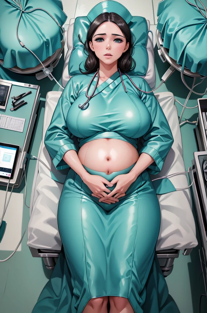 (give a score of 9_give a score of 8_give a score of 7)
masterpiece, highest quality, best quality, view from top down, realistically,
1 girl, solo, in a hospital, a pregnant woman, about 38 years old, 9 months pregnant, wore a surgical cap, had a pained look on her face, frowned, eyes closed, unconscious, lying on the operating table, lying on her back, arms outstretched., Spread your arms, on the operating table, in the operating room, with a blanket covering her slender legs, big breasts, cover your breasts, cover your legs, expose your stomach, Sleep with your legs wide open, show your belly completely, navel is visible, belly is visible. of her who is pregnant, look at the picture explaining the situation while waiting to give birth,