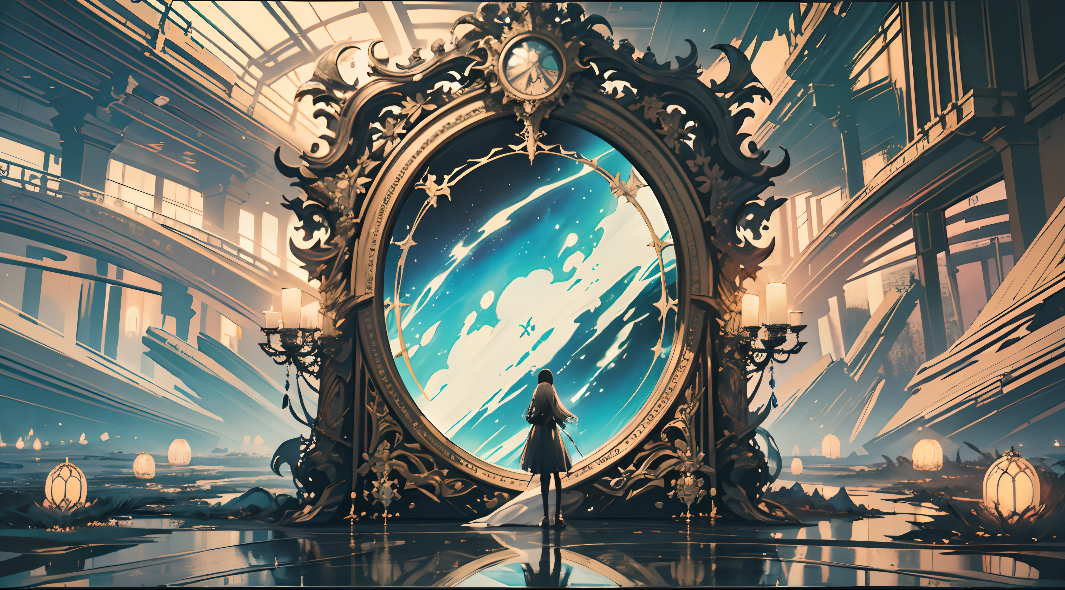 high quality,ultra detailed,photorealistic:1.37,Masterpiece:1.2,A mirror beyond reality,Incredible reflections,ghost world,Mix sizes,ethereal landscape,mysterious creature,SurMagical realism,dream atmosphere,color notable,A change of perspective,Magical realism,Reality and fantasy mix perfectly,hallucinatory illusions,A mysterious fusion of the real and the unreal.,Unlimited imagination,luxury details,Charming light and shadow,A whimsical twist,A visual experience like never before,Discover the limits between reality and surreality.,Art from another world,Intriguing symbolism,fantastic visions,Explore the unknown,blurring the line between fantasy and reality