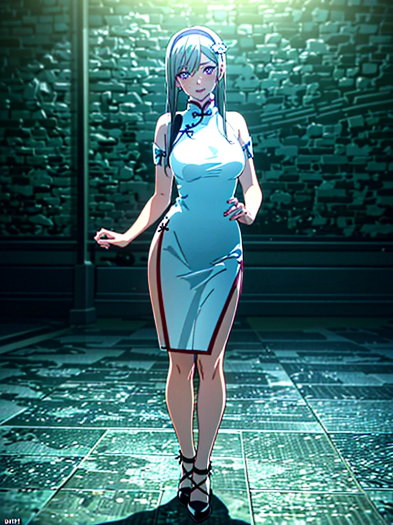 (1girl, solo), (full body:1.5), full-body shot, ((standing)), (perfect anatomy, perfect hands, perfect legs, perfect body), beautiful body, natural proportions BREAK
(((extremely detailed face))), (beautiful detailed eyes:1.6), (realistic pupils, realistic iris:1), expressive eyes, looking at viewer, (clear eyes:1.3), (hyperrealistic:1.2), (detailed skin texture:1.2), smooth skin, ((purple eyes)), ((silver hair)), silver hair with blue tips, long hair, (hairband:1.3), ((black hairband)), bangs, ((hair ornament)), (smile), blush, large breast, (detailed lips:1.3), (attractive lips:1.2), (glossy lips:1) BREAK
((a sexy woman dressed in a mini qipao dress)), qipao, ((white qipao:1.5)), (mini qipao:1.5), dress, ((china dress)), (mini dress:1.5), (bare legs:1.3), ((chinese clothes)), ((high slit qipao)), thighs, ass visible through thighs, ((bare shoulders)), high heels BREAK
(minimal background:1.1), (simple background:1.1) BREAK
(masterpiece:1.2), anime-style, top quality, best quality, (beautiful and aesthetic:1.2), (ultra detail:1.3), Ultra-detailed depiction, Ultra-precise depiction, extremely detailed 8k illustration, high resolution, (highly detailed shading), (realistic lighting:1.2), perfect lighting, vibrant colors, dynamic tones, striking hues, 8k, absurd resolution, perfect shadows, hdr, UHD, ambient lighting, realistic, ultra-realistic, photo realistic, highly detailed, rich detail, luminous colors, fine texture, intricate design, professional illustration, (soft light:1.2), (illustration:0.8)