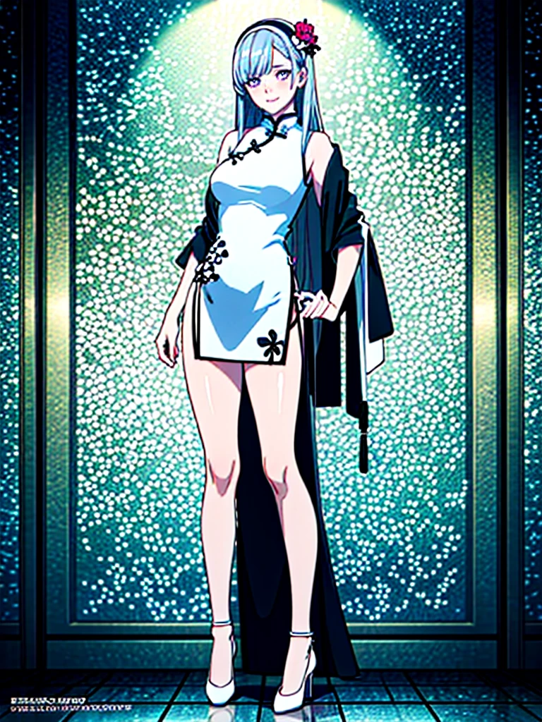 (1girl, solo), (full body:1.5), full-body shot, ((standing)), (perfect anatomy, perfect hands, perfect legs, perfect body), beautiful body, natural proportions BREAK

(((extremely detailed face))), (beautiful detailed eyes:1.6), (realistic pupils, realistic iris:1), expressive eyes, looking at viewer, (clear eyes:1.3), (hyperrealistic:1.2), (detailed skin texture:1.2), smooth skin, ((purple eyes)), ((silver hair)), silver hair with blue tips, long hair, (hairband:1.3), ((black hairband)), bangs, ((hair ornament)), (smile), blush, large breast, (detailed lips:1.3), (attractive lips:1.2), (glossy lips:1) BREAK

((a sexy woman dressed in a mini qipao dress)), qipao, ((white qipao:1.5)), (mini qipao:1.5), dress, ((china dress)), (mini dress:1.5), (bare legs:1.3), ((chinese clothes)), ((high slit qipao)), thighs, ass visible through thighs, ((bare shoulders)), high heels BREAK

(minimal background:1.1), (simple background:1.1) BREAK

(masterpiece:1.2), anime-style, top quality, best quality, (beautiful and aesthetic:1.2), (ultra detail:1.3), Ultra-detailed depiction, Ultra-precise depiction, extremely detailed 8k illustration, high resolution, (highly detailed shading), (realistic lighting:1.2), perfect lighting, vibrant colors, dynamic tones, striking hues, 8k, absurd resolution, perfect shadows, hdr, UHD, ambient lighting, realistic, ultra-realistic, photo realistic, highly detailed, rich detail, luminous colors, fine texture, intricate design, professional illustration, (soft light:1.2), (illustration:0.8)