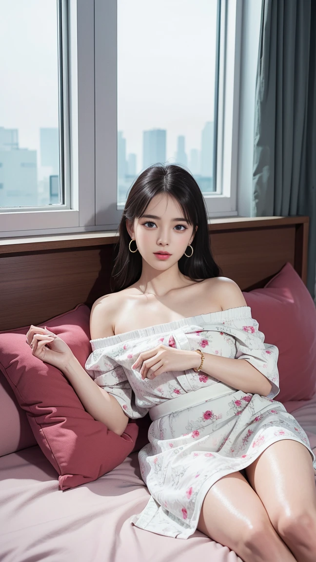 （(Girl lying in bed))、beauty、 A girl、Solitary、Long hair、Viewer、Smile、（Eyes closured)、Hair accessories、、gem、White hair、shut your mouth、Upright banganicur、bracelet、Lips、Gray eyes、image、Red nails、closure、赤いLips、Put your hands on your face、Put hand on cheek、()、(Glowing skin)、((The skyscrapers outside the window are hazy))、(Off-the-shoulder white floral dress),),((Sleep with your legs slightly apart)),(Legs open),((White is clearly visible)),（Upskirt)、((Holding a wine glass)),
