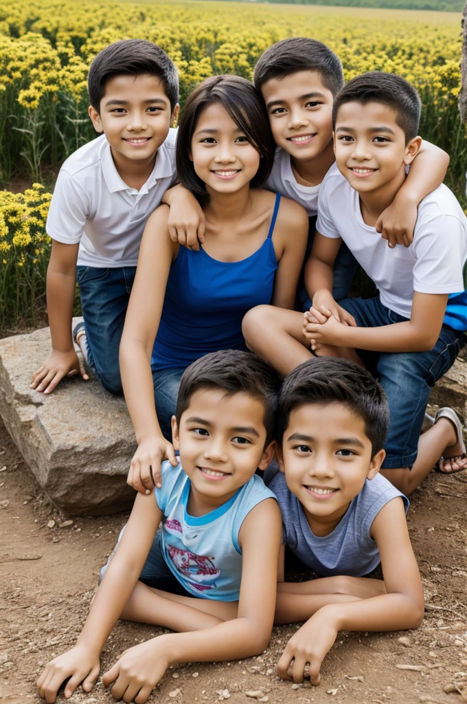 Make a picture with 4 people 1 mom, 2 male brothers and 1 female sister