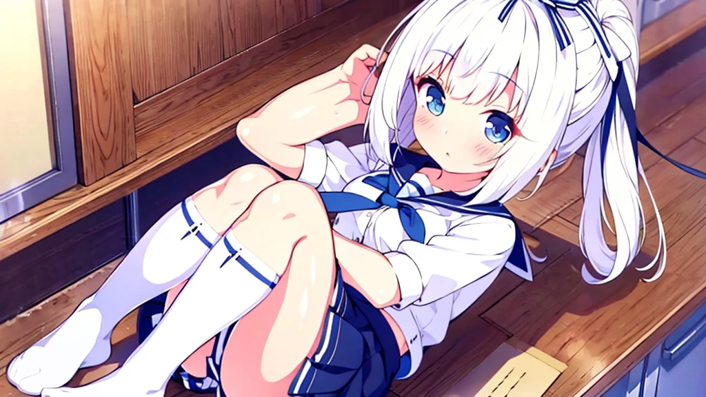 1 white-haired girl with ribbon decorations on her head, blue eyes in school mini skirt Women with white stockings at home