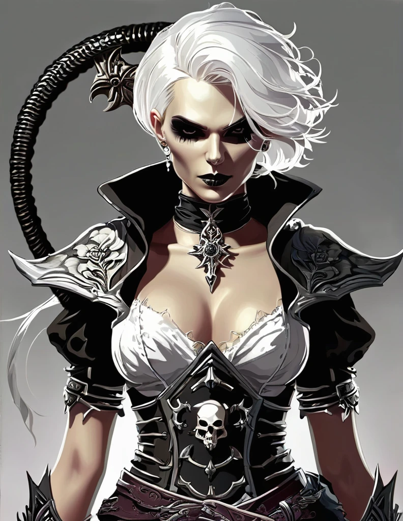 Necromancer. feminine. skull on the belt. Fantasy short White Hair 