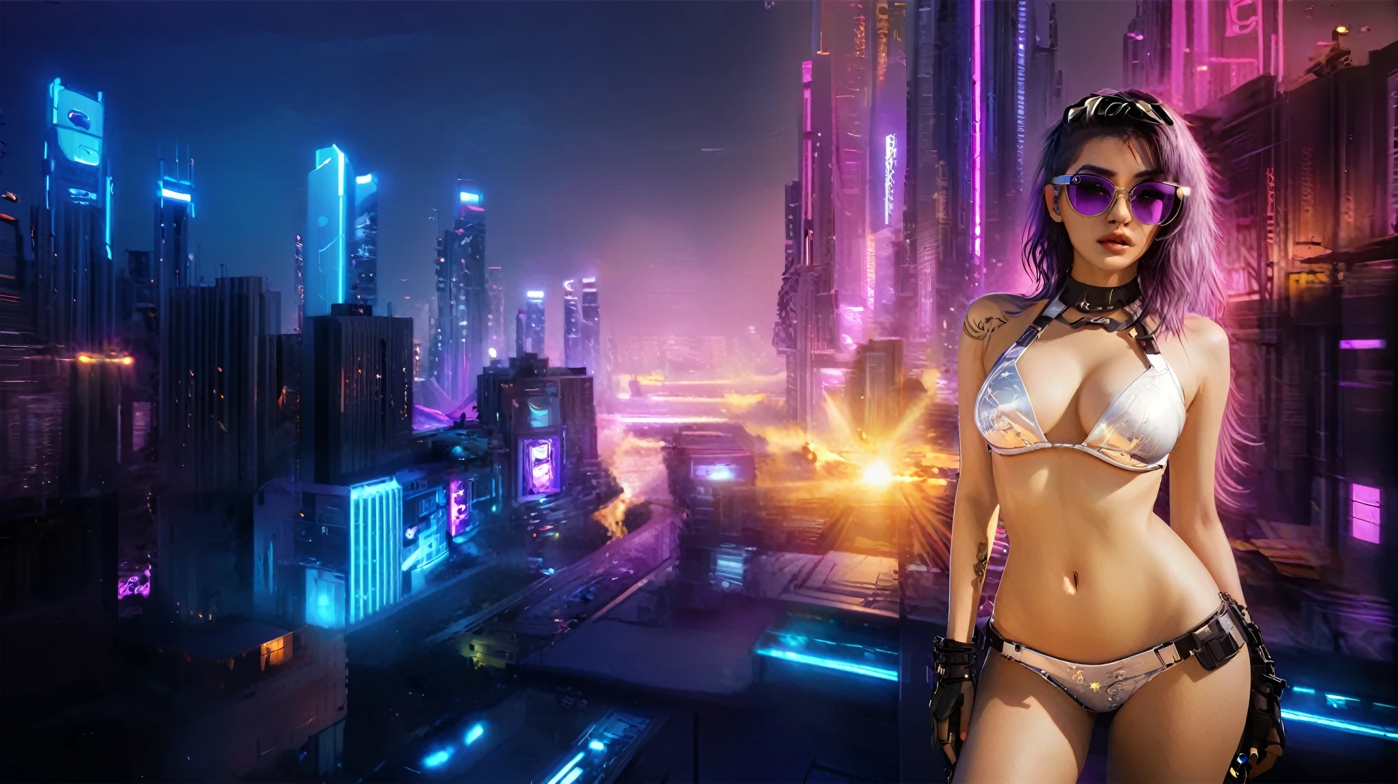 masterpiece, best quality, high resolution, 8k, (Portrait Photos:1.5), (R Original Photo), real picture, Digital Photography, (A fusion of cyberpunk and fantasy), 20 year old girl, solo, (((black sunglasses))), Feel free to hairstyle, Purple Eyes, By Bangs, (large breasts, cleavage, Accessories, Elegant and charming, Combination of cyberpunk and fantasy style clothing, Hollow carving design, Photo poses, Realistic style, (((((pistol shooting pose))))), oc render reflection texture, sentry, (((((Cyberpunk style future city))))), night, Bustling streets, (((((half-body (thigh level) medium shot))))).
