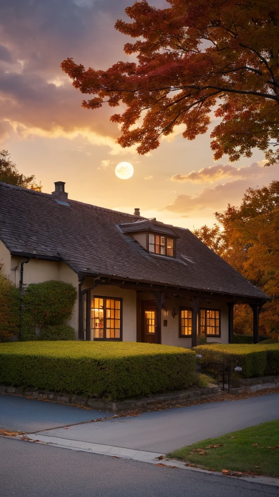 masterpiece, 最high quality, high quality, Very detailed CG 8k wallpaper unit, scenery, Outdoor, Medieval Tavern, autumnの空, autumnの夕暮れ, autumn、winter, Cloudy, The big moon shines,Depth of written boundary, High resolution, Flowers, squirt, Hydrangea, Realistic, Very detailed, Complex, High detail,