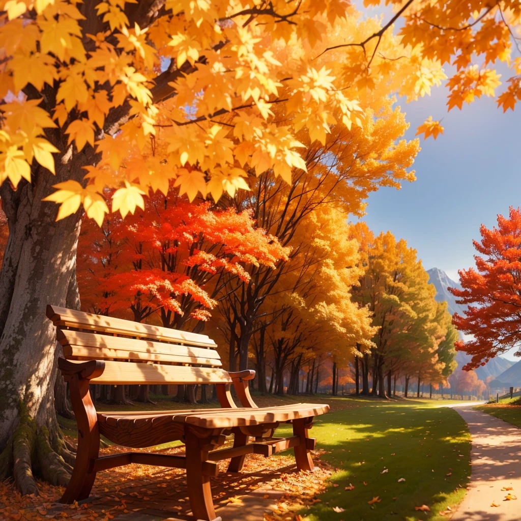 (Highest quality, High resolution), Landscape of autumn leaves.Vibrant colors,Low - Angle,

(古びたwood製のベンチ:1.3),(大きな楓のwood,Textured bark:1.2),a lot of fallen leaves, A winding road leading deep into the mountains,Warm earth tones, Soft and natural lighting.Autumn leaves background, Vibrant colorsの葉, The golden leaves gently fall, wood々Warm sunlight shining in from between, Peaceful and calm atmosphere, Soft rays of light illuminating the scene, The sound of rustling leaves, Fresh, cool air,  A carpet of fallen leaves on the ground, Quiet and picturesque setting, Natural beauty in full bloom, 