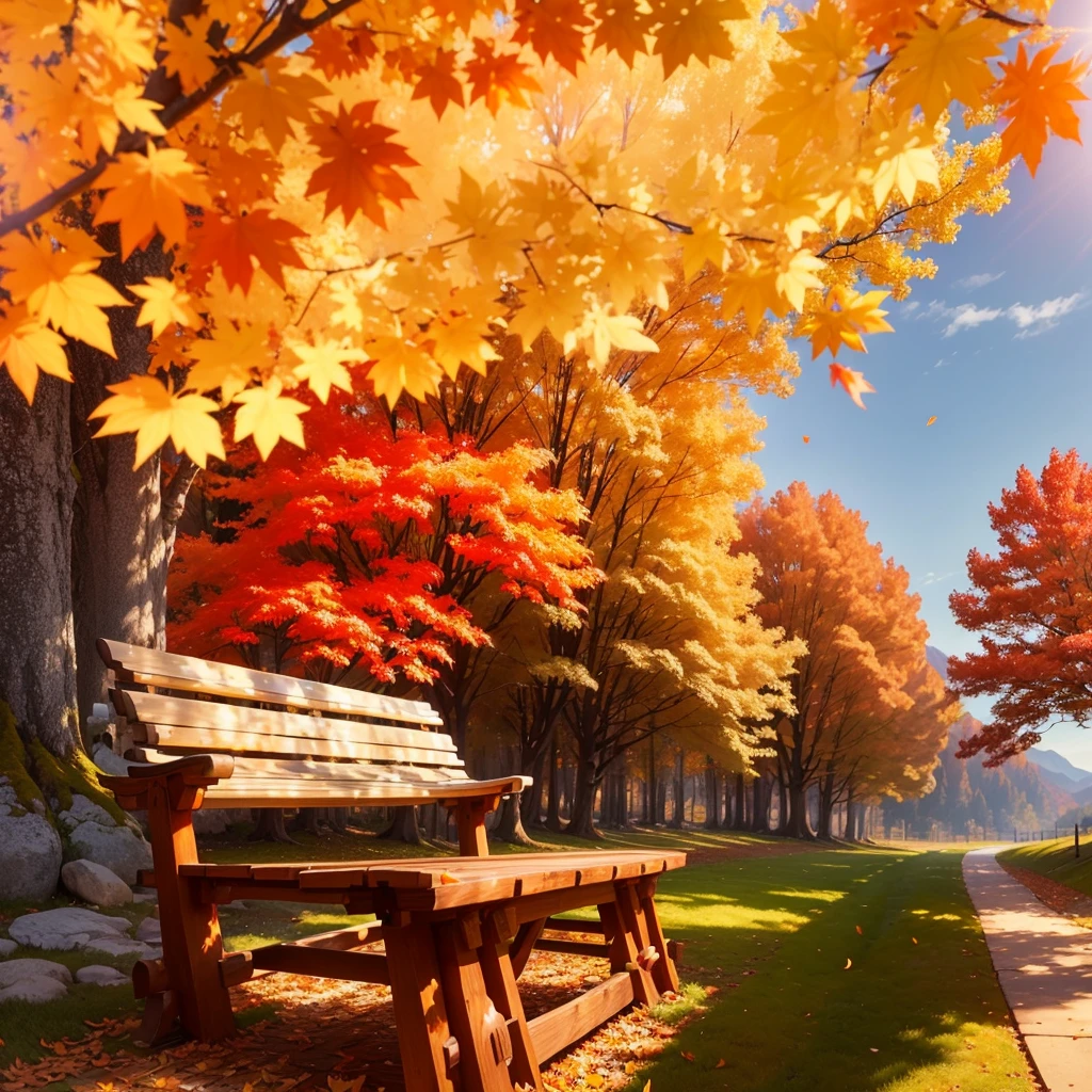 (Highest quality, High resolution), Landscape of autumn leaves.Vibrant colors,Low - Angle,
(古びたwood製のベンチ:1.3),(大きな楓のwood,Textured bark:1.2),a lot of fallen leaves, A winding road leading deep into the mountains,Warm earth tones, Soft and natural lighting.Autumn leaves background, Vibrant colorsの葉, The golden leaves gently fall, wood々Warm sunlight shining in from between, Peaceful and calm atmosphere, Soft rays of light illuminating the scene, The sound of rustling leaves, Fresh, cool air, A carpet of fallen leaves on the ground, Quiet and picturesque setting, Natural beauty in full bloom,