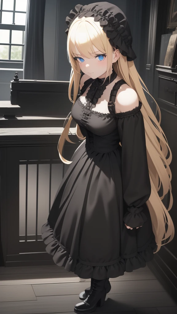 Gothic maid of the Victorian era, Blonde, with black gothic boots, blue eyes, White skin, in a mansion, cleaning a shelf, with a serious but calm look