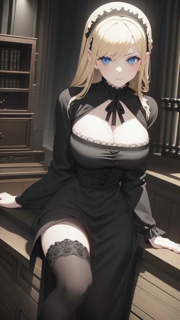 Gothic maid of the Victorian era, Blonde, with black gothic boots, blue eyes, White skin, in a mansion, cleaning a shelf, with a serious but calm look 