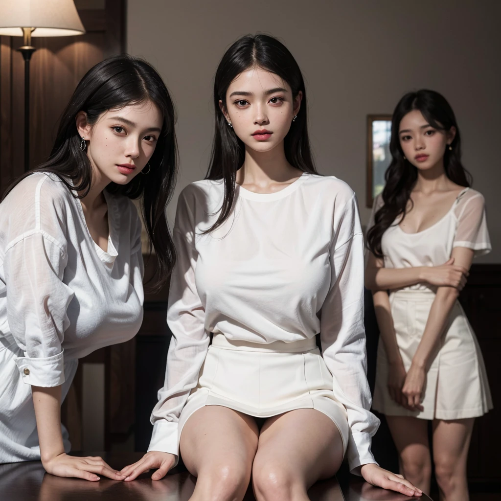 absurdres, RAW photo, extremely delicate and beautiful, masterpiece, Best Quality, ultra high resolution, 32k, hyperrealistic, ultra-detailed, Very detailed CG 8k wallpaper, Beautiful Lighting, Perfect Lightning, Realistic Shadows, perfect anatomy, super Detailed skin, late 20s, very Slim body, narrow waist, very small head, handsome detailed woman, very detailed eyes and face, realistic face proportions, Stunning detailed eyes, Realistic beautiful face, very small face, Realistic small beautiful eyes, tearful mole, earring, beautiful and very thin legs, beautiful and very thin thighs, (very huge round breasts:1.4), medium hair, wavy hair, black hair, (full body shot:1.5), (3 girls:1.3), (white shirt:1.2), brown skirt,