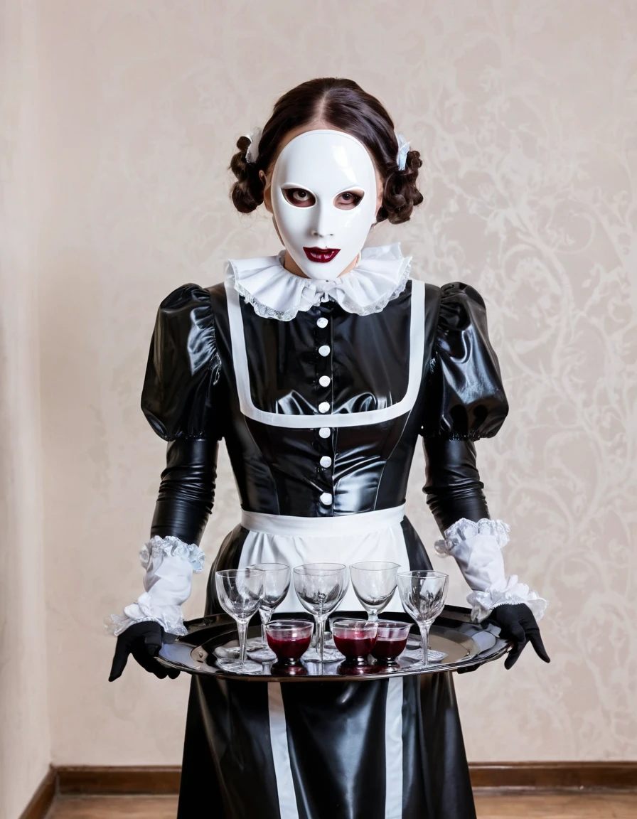 A scared, very thin maid in latex. A latex mask face. He holds a tray with wine glasses. Victorian style.