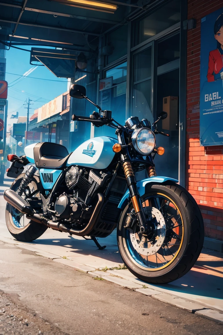 there is a blue motorcycle parked in front of a building, a digital painting inspired by Lubin Baugin, behance contest winner, retrofuturism, in style of digital illustration, digital illustration -, digital ilustration, illustrated poster, detailed digital illustration, poster illustration, digital illustration, cafe racer, retro poster, vintage poster style, cycles 3 d render