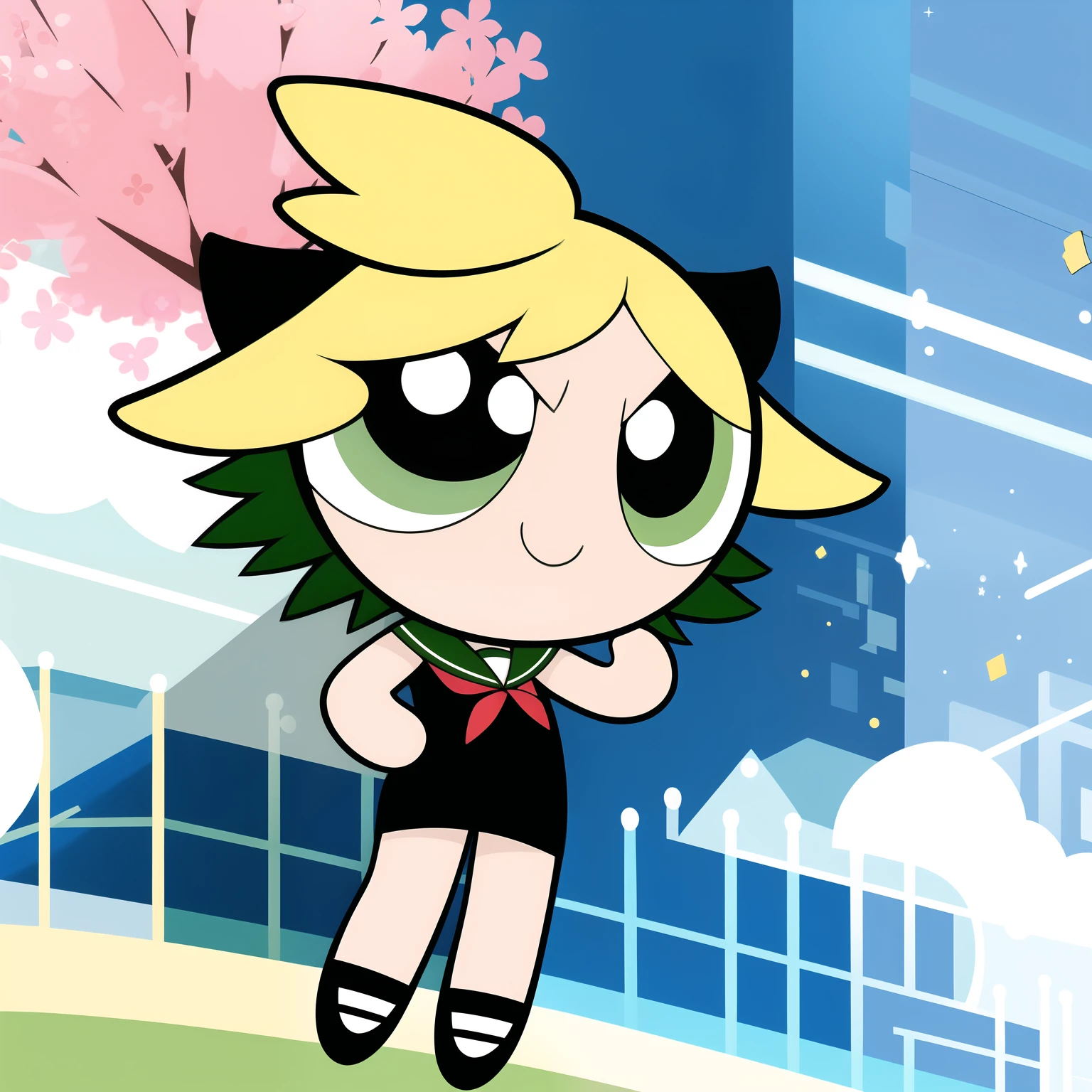 cute smile, full body, 1girl , chibi, short hair, green eyes, white Sailor Dress, multicolored hair, school background,