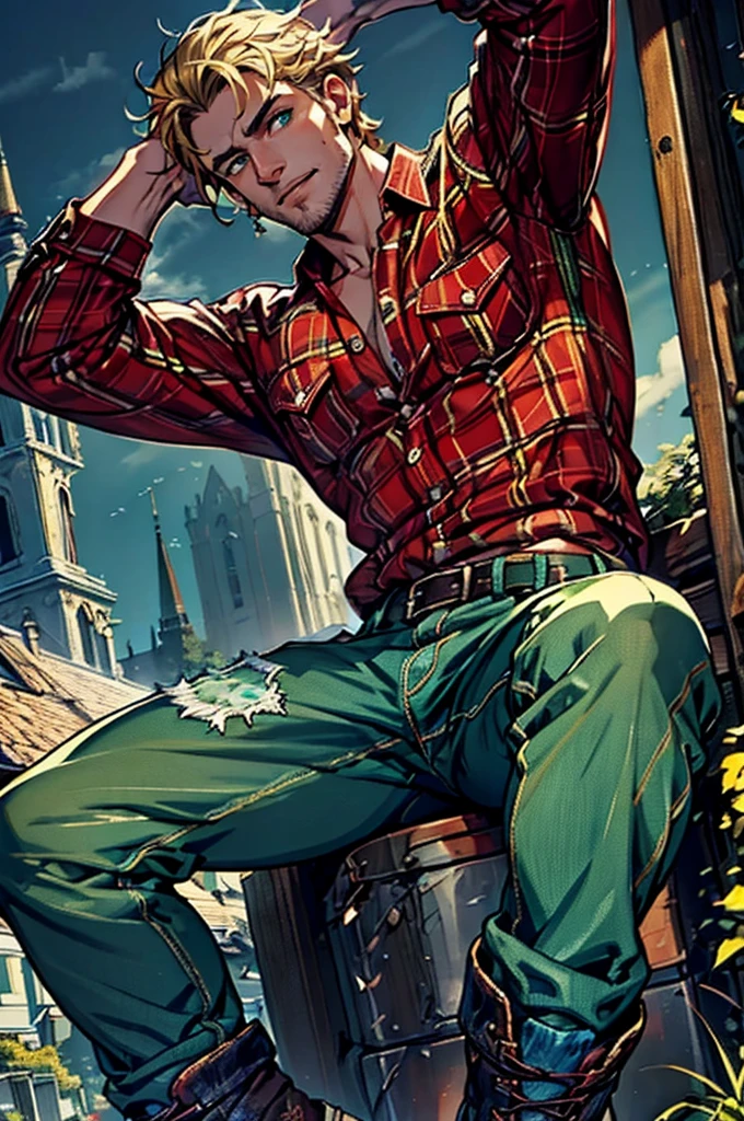 (masterpiece:1.2), (best quality), (ultra detailed), (8k, 4k, intricate),(full-body-shot:1), (highly detailed:1.2),(detailed face:1.2), (detailed background),detailed landscape, (dynamic angle:1.2), (dynamic pose:1.2), a caucasian male wearing country clothing that stands at 6'1"ft, 180lbs. Smiling
Has a medium build with a bit of muscle, shaggy blonde hair, emerald blue green eyes, a bit of stubble.
And mostly dresses up in casual attire, red and blue plaid shirt, baggy jeans, old work boots.
