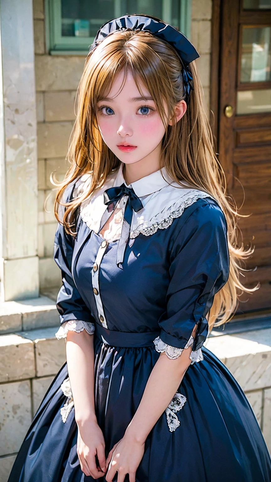 Blonde fluffy long hair、blue eyes、white、 beautiful girl、Young girl、Black ta Fashion
