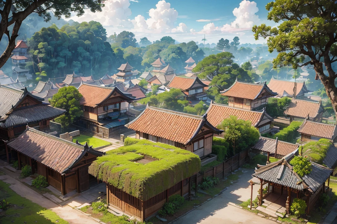 Balinese traditional village that made out of carved stone & Brick, consists of red Brick and gray carved vulcanic rock, With a bit of Moss on it and traditional balinese roof that made of dark brown hay, Surrounded by bayan tree Forrest. Anime style, cinematic lightning (enhanced details) (view from above revealing the entire village house)
