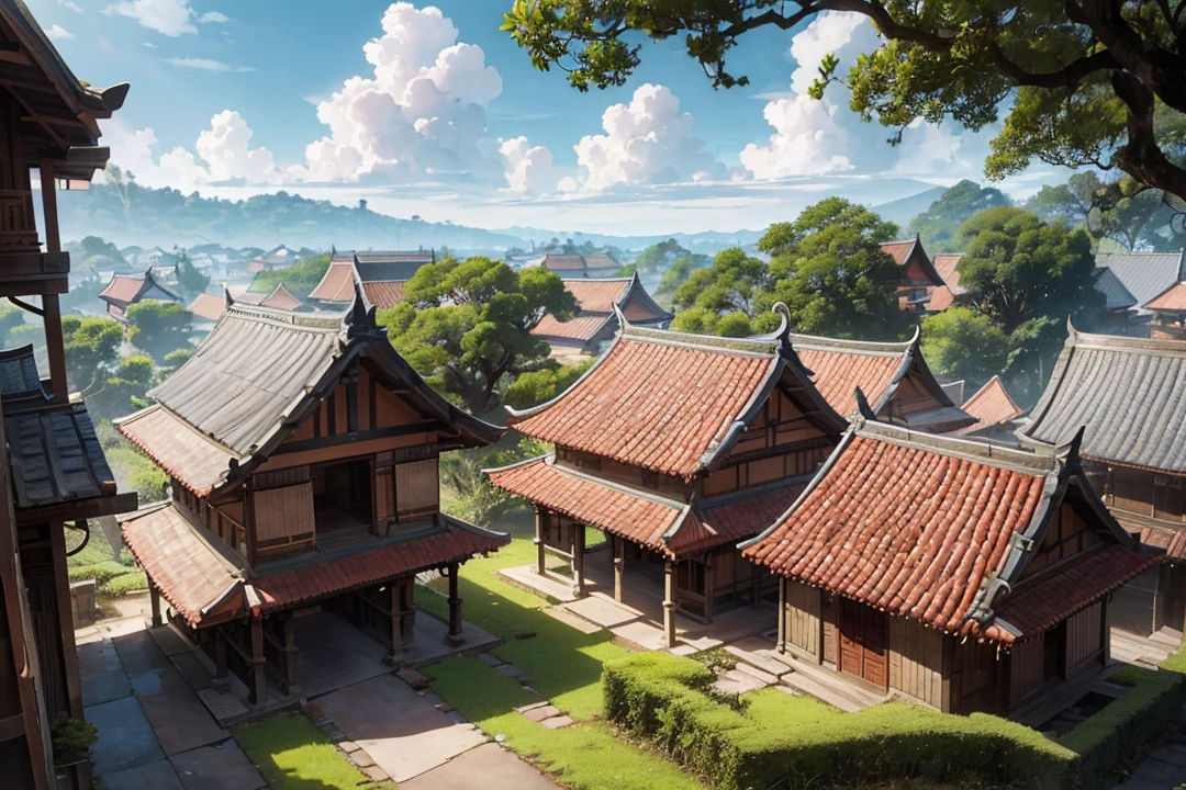 Balinese traditional village that made out of carved stone & Brick, consists of red Brick and gray carved vulcanic rock, With a bit of Moss on it and traditional balinese roof that made of dark brown hay, Surrounded by bayan tree Forrest. Anime style, cinematic lightning (enhanced details) (view from above revealing the entire village house)