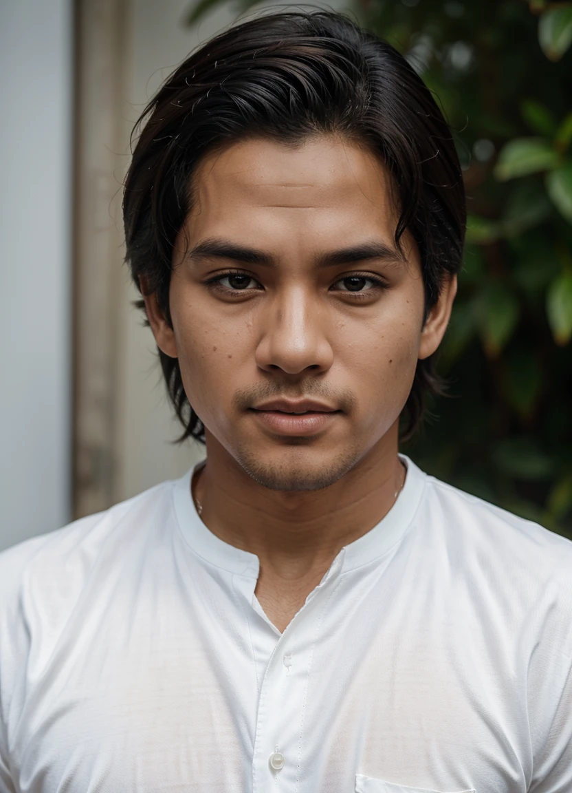 Enhance, Indonesia man, perfect hair, natural skintone, 8k, ultra realistic, super high quality, white shirt, perfect photograpy, take by nikon camera, consistent character