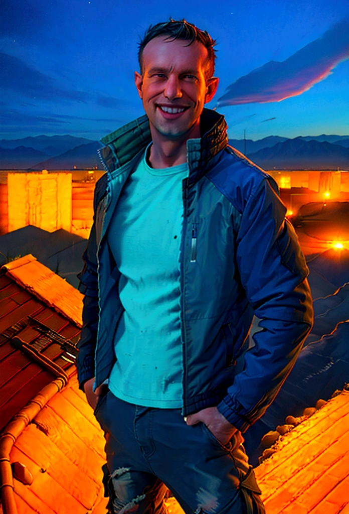 (solo), RAW Photo, photo of man Todder8 on a rooftop overlooking a small city at twilight wearing rugged postapocalyptic clothes, (wearing jacket), glow of the setting sun, vibrant ambiance, desert mountains, neon lights, music, (jet magazine), male, smiling, short hair, Todder5