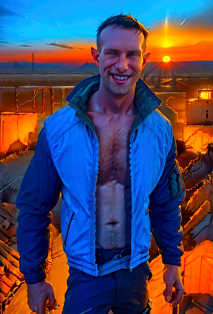 (solo), RAW Photo, photo of man Todder8 on a rooftop overlooking a small city at twilight wearing rugged postapocalyptic clothes, (wearing jacket), glow of the setting sun, vibrant ambiance, desert mountains, neon lights, music, (jet magazine), male, smiling, short hair, Todder5