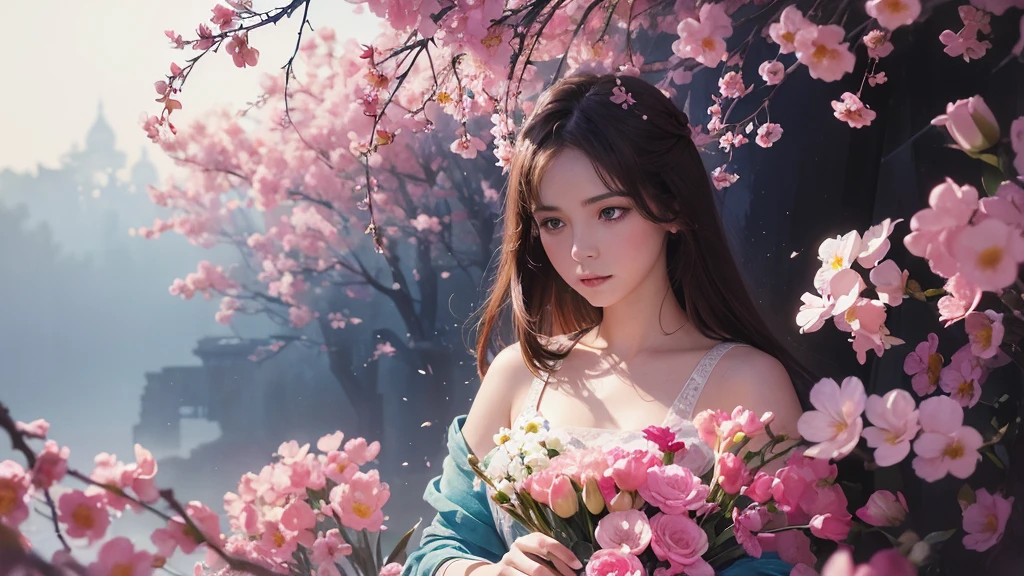 32k, Masterpiece, Highest quality, One girl, Brown Hair, Detailed eyes, flower,Freesia, Pink and navy style,A dreamy, romantic piece,Pale yellow, Mysterious Leaves,A playful arrangement,Fantasy,High Contrast,Ink strokes,explosion,Exposure, Impression of pink and navy tones,Abstract,((Watercolours by John Berkey and Jeremy Mann )) Brush strokes,Negative Space, Tyndall effect,